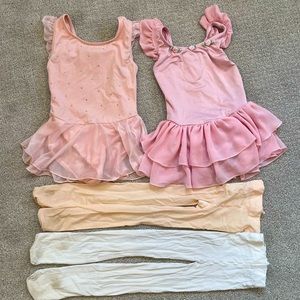 Set of 2 children’s pink leotards w/ attached skirts and 2 pairs of tights.